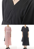 peopleterritory Black Patchwork Cotton Long Dresses V Neck Wrinkled Summer LY1150