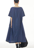 peopleterritory Blue O-Neck Solid Cotton Maxi Dress Short Sleeve LY1197