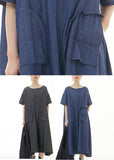 peopleterritory Blue O-Neck Solid Cotton Maxi Dress Short Sleeve LY1197