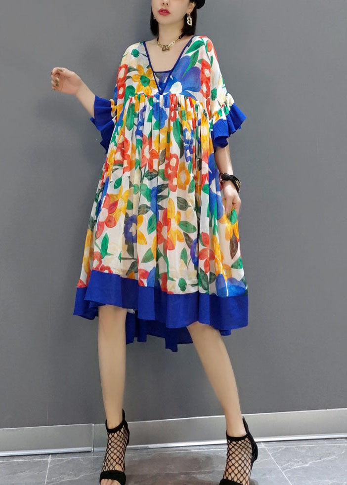 peopleterritory Blue Patchwork Chiffon A Line Dress V Neck Flare Sleeve LY1596