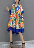 peopleterritory Blue Patchwork Chiffon A Line Dress V Neck Flare Sleeve LY1596