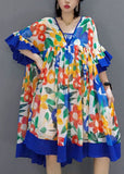 peopleterritory Blue Patchwork Chiffon A Line Dress V Neck Flare Sleeve LY1596