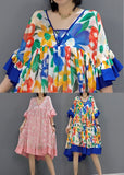 peopleterritory Blue Patchwork Chiffon A Line Dress V Neck Flare Sleeve LY1596