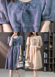 peopleterritory Blue Patchwork Neck Tie Linen Maxi Dresses Short Sleeve LY1754