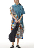 peopleterritory Blue Print Patchwork Chiffon Shirts Dress Ruffled Summer LY1142