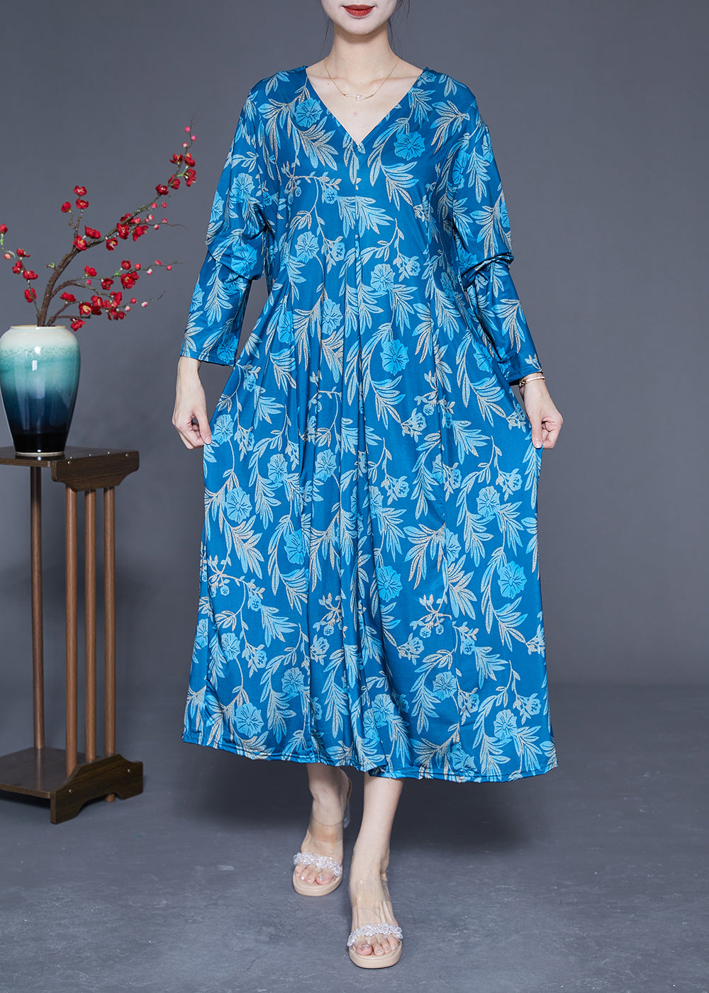 peopleterritory Blue Print Silk Holiday Dresses V Neck Oversized Spring LY1847