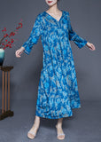 peopleterritory Blue Print Silk Holiday Dresses V Neck Oversized Spring LY1847