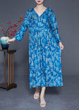 peopleterritory Blue Print Silk Holiday Dresses V Neck Oversized Spring LY1847