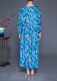 peopleterritory Blue Print Silk Holiday Dresses V Neck Oversized Spring LY1847