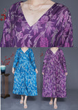 peopleterritory Blue Print Silk Holiday Dresses V Neck Oversized Spring LY1847