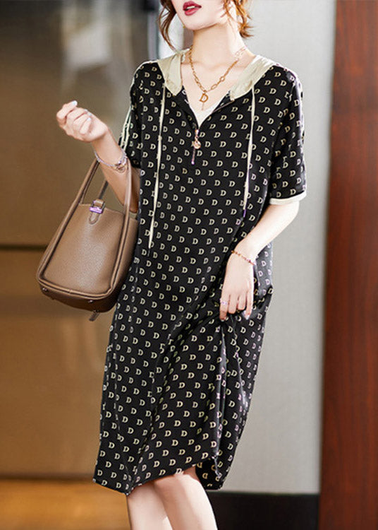 peopleterritory Bohemian Black Graphic Print Patchwork Neck Tie Hooded Maxi Dresses Short Sleeve LY1528