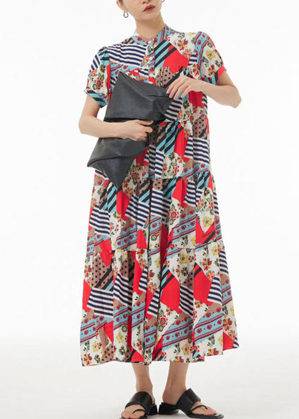 peopleterritory Bohemian Coffee Wrinkled Print Patchwork Chiffon Dress Summer LY1211