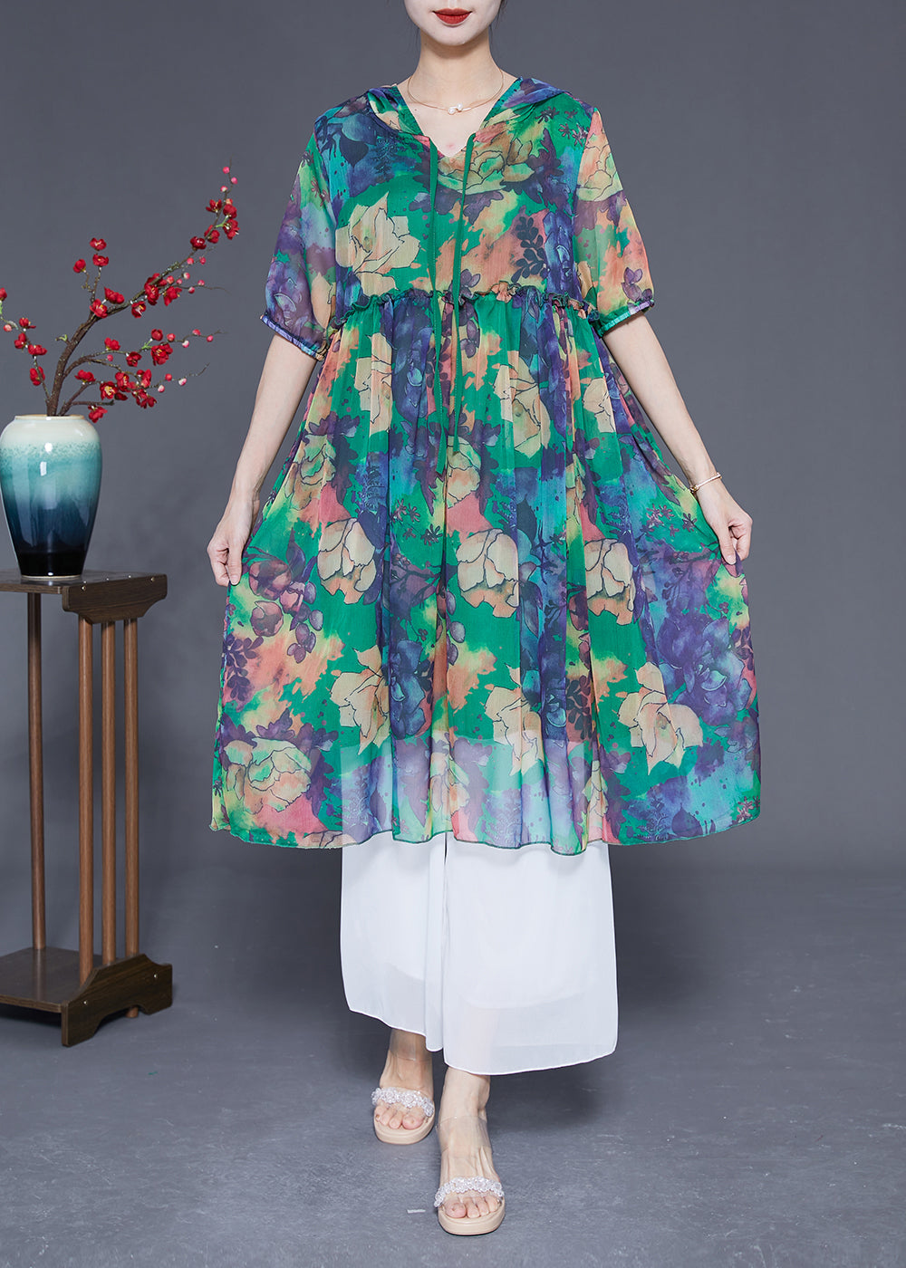 peopleterritory Bohemian Green Hooded Ruffled Print Chiffon Dress Summer LY1831