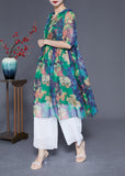 peopleterritory Bohemian Green Hooded Ruffled Print Chiffon Dress Summer LY1831