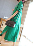 peopleterritory Bohemian Green V Neck Side Open Cotton Long Dress Summer LY1447