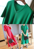 peopleterritory Bohemian Green V Neck Side Open Cotton Long Dress Summer LY1447
