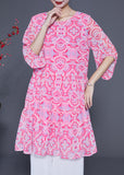 peopleterritory Bohemian Pink Print Patchwork Wrinkled Silk A Line Dress Lantern Sleeve LY1846