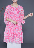 peopleterritory Bohemian Pink Print Patchwork Wrinkled Silk A Line Dress Lantern Sleeve LY1846