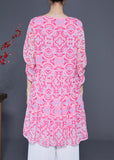 peopleterritory Bohemian Pink Print Patchwork Wrinkled Silk A Line Dress Lantern Sleeve LY1846