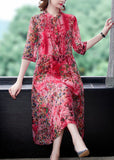 peopleterritory Bohemian Red Stand Collar Print Wrinkled Chiffon Vacation Dresses Half Sleeve LY1726