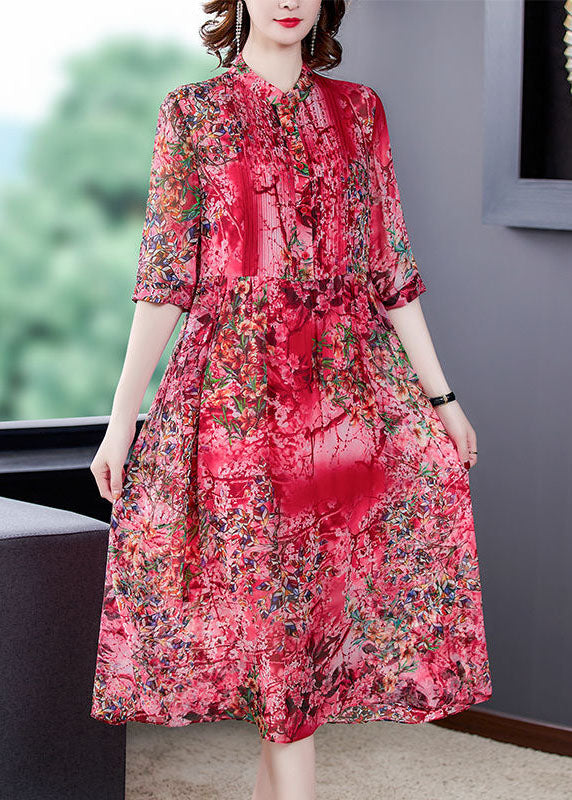 peopleterritory Bohemian Red Stand Collar Print Wrinkled Chiffon Vacation Dresses Half Sleeve LY1726