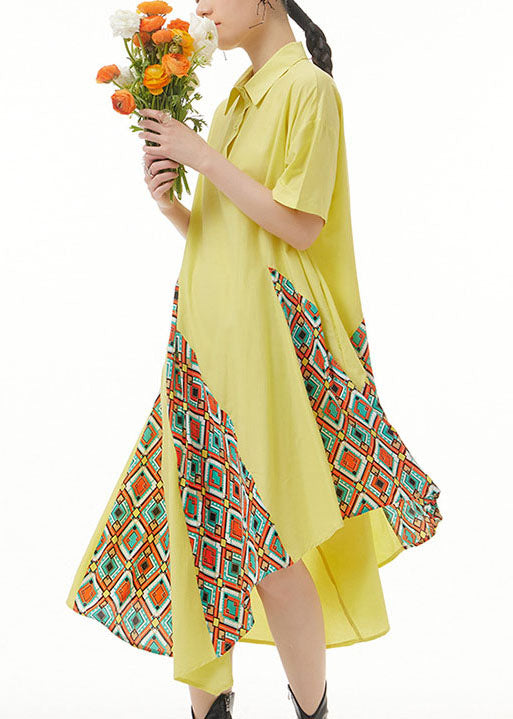 peopleterritory Bohemian Yellow Asymmetrical Print Patchwork Chiffon Shirts Dresses Summer LY1217