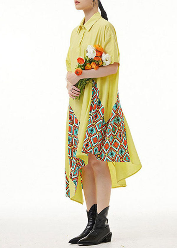 peopleterritory Bohemian Yellow Asymmetrical Print Patchwork Chiffon Shirts Dresses Summer LY1217