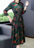 peopleterritory Boho Green Cinched Print Silk Dresses Bracelet Sleeve LY1690