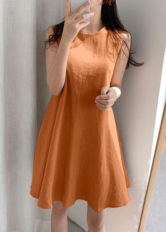 peopleterritory Boho Orange O-Neck Slim Fit Exra Large Hem Cotton Dresses Sleeveless LY1311