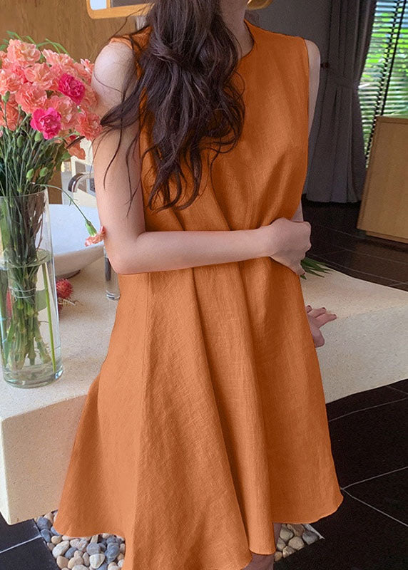peopleterritory Boho Orange O-Neck Slim Fit Exra Large Hem Cotton Dresses Sleeveless LY1311