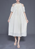 peopleterritory Boho White Cold Shoulder Original Design Silk Long Dress Summer LY1839