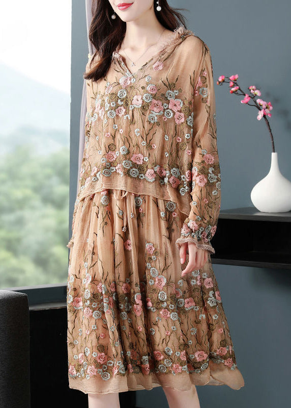peopleterritory Boutique Beige Hooded Embroideried Patchwork Silk Fake Two Piece Dresses Spring LY1014