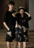 peopleterritory Boutique Black Print Button Cotton Couple Pajamas Two Piece Set Short Sleeve LY1869