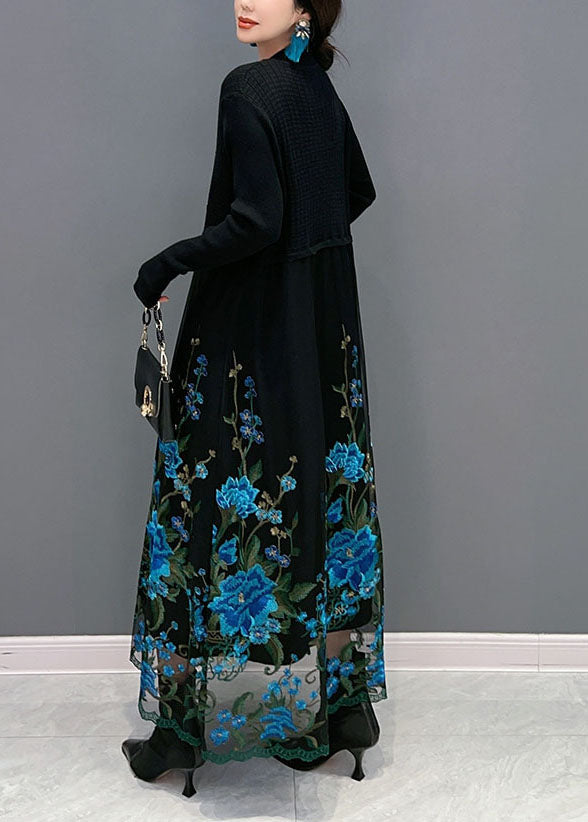 peopleterritory Boutique Blue Embroideried Patchwork Knit Maxi Dress Spring LY1583