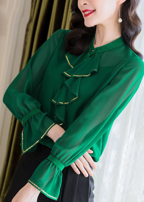 peopleterritory Boutique Green Ruffled Patchwork Chiffon Shirts Two Pieces Spring LY0374
