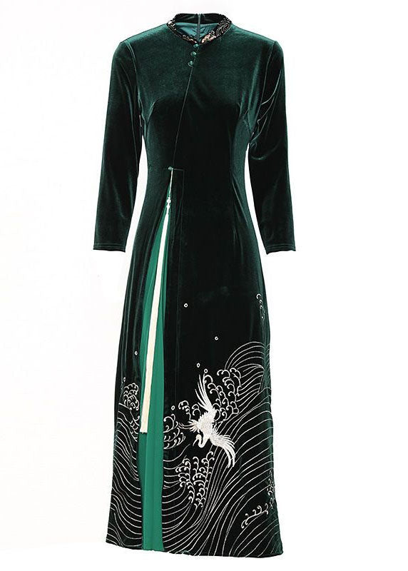 peopleterritory Boutique Green Tasseled Embroideried Patchwork Velour Dresses Spring LY1722