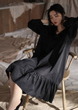 peopleterritory Brief Black Peter Pan Collar Patchwork Ice Silk Maxi Dress Spring LY1899
