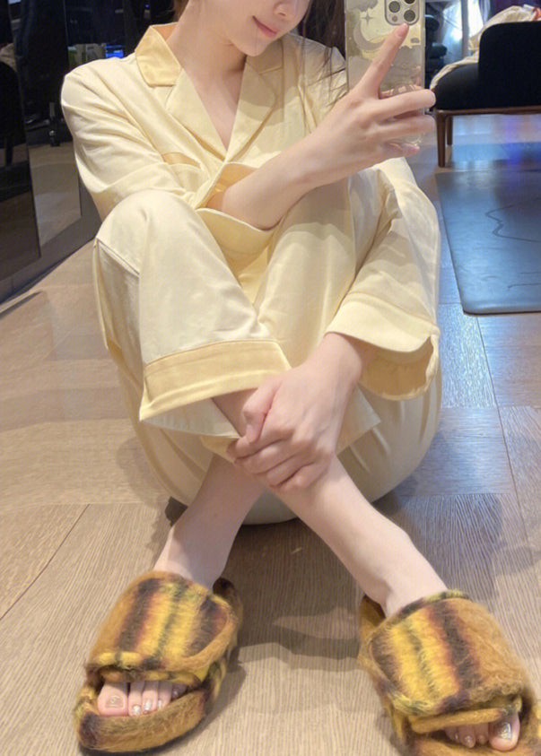peopleterritory Brief Light Yellow Peter Pan Collar Patchwork Button Solid Ice Silk Pajamas Two Pieces Set Long Sleeve LY1878