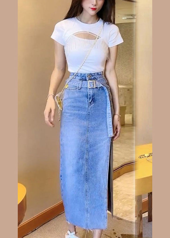 peopleterritory Casual Blue Patchwork Sashes Side Open Denim Maxi Skirt TY1082