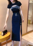 peopleterritory Casual Blue Patchwork Sashes Side Open Denim Maxi Skirt TY1082