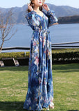 peopleterritory Casual Blue V Neck Print Tie Waist Chiffon Long Dress Long Sleeve LY1725