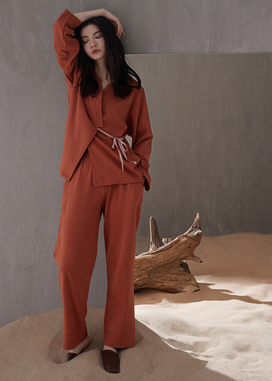 peopleterritory Casual Brick Red V Neck Tie Waist Cotton Pajamas Two Pieces Set Spring LY1861