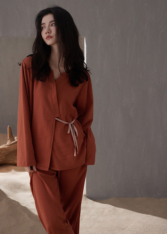 peopleterritory Casual Brick Red V Neck Tie Waist Cotton Pajamas Two Pieces Set Spring LY1861