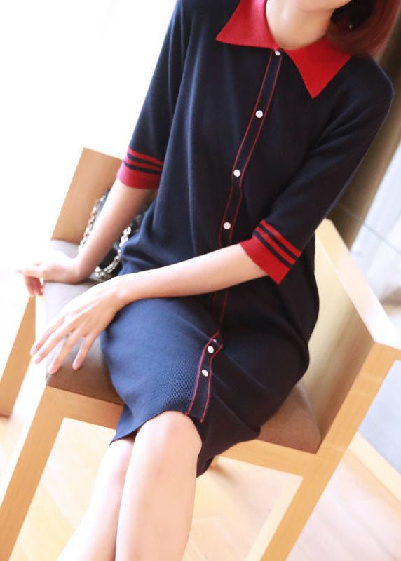 peopleterritory Casual Navy Peter Pan Collar Button Knitted Dresses Half Sleeve LY1445