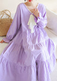 peopleterritory Casual Purple V Neck Patchwork Cotton Maxi Dress Long Sleeve TI1013