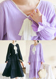 peopleterritory Casual Purple V Neck Patchwork Cotton Maxi Dress Long Sleeve TI1013