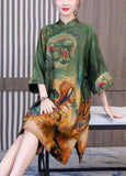 peopleterritory Chic Green Print Chinese Style Silk A Line Dresses Spring LY1727