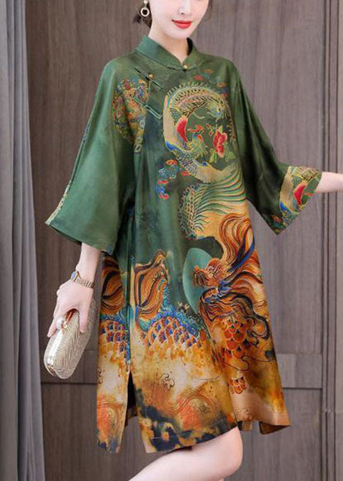 peopleterritory Chic Green Print Chinese Style Silk A Line Dresses Spring LY1727