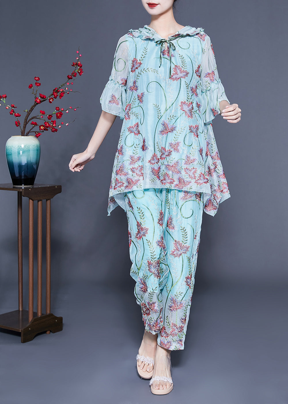 peopleterritory Chic Light Blue Hooded Ruffled Embroideried Silk Two Pieces Set Flare Sleeve LY1135