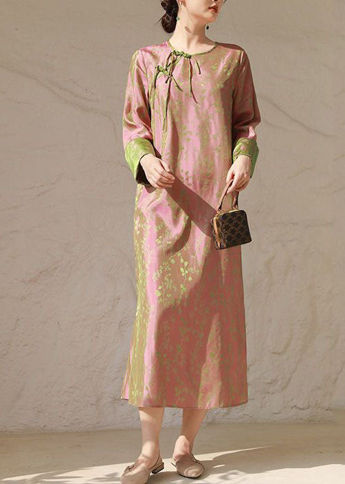 peopleterritory Chinese Style Pink O Neck Tasseled Patchwork Print Silk Dresses Spring LY1715